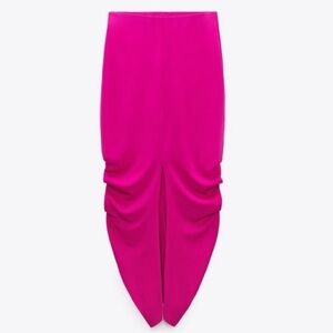 Elegant Magenta Pink Open-Slip Ruched Midi Skirt by Zara